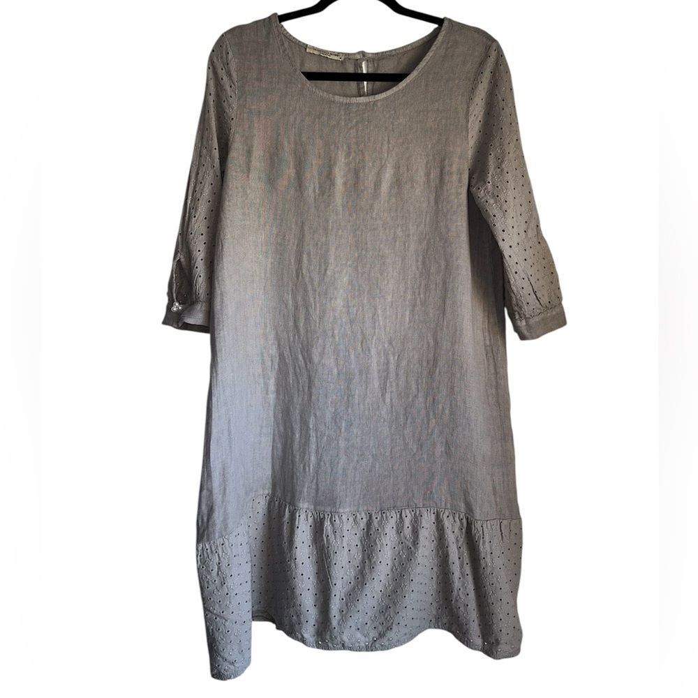 FRANCESCA BETTINI size M beige grey 100% linen mini dress